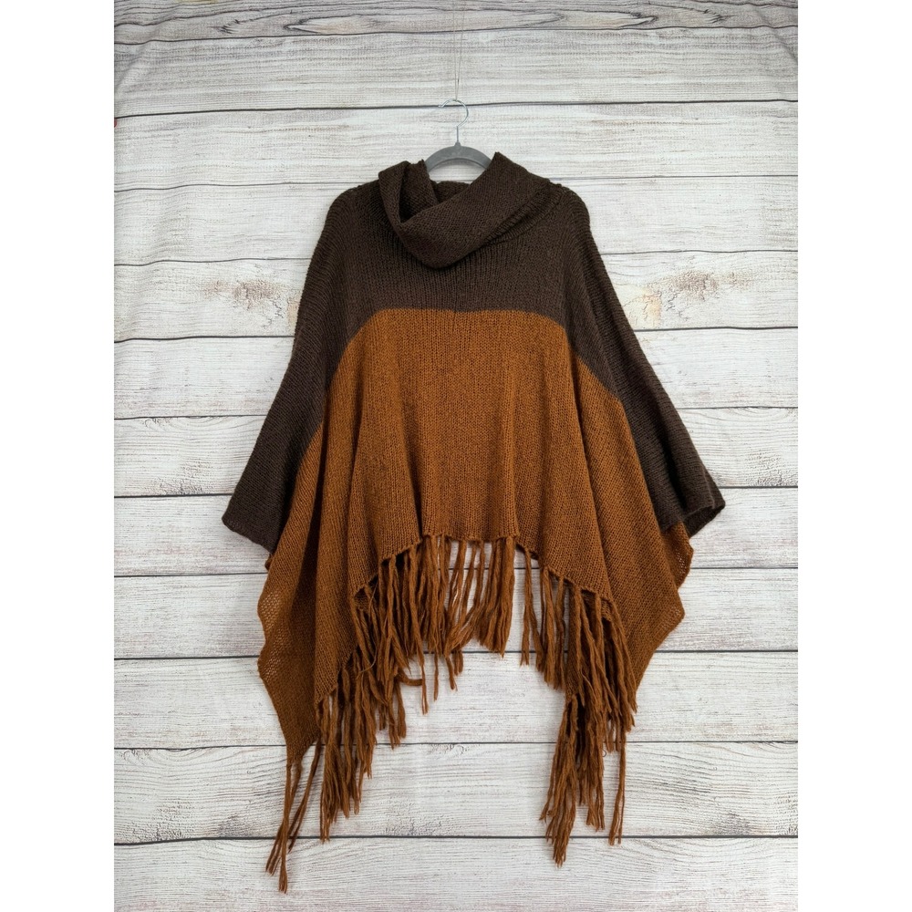 Wooden Ships Poncho Women S/M Brown Rust Colorblock Fringe Mohair Wool Blend